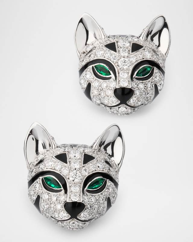18K White Gold Fuzzy, the Leopard Stud Earrings with Diamonds and Emeralds